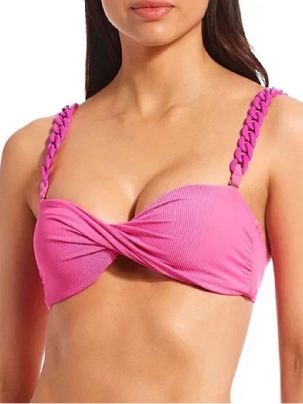 Gianni Bini x Jess Southern Ribbed Chain Hot Pink Twist Bandeau Bikini Top Small